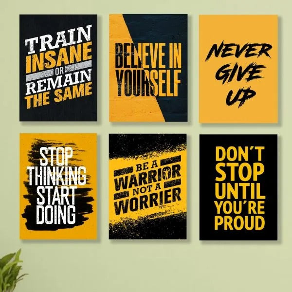 Motivational Warrior Quote Wooden Wall Art Frame Set | 6-Piece Inspirational Success Sticky Tiles | Bold Yellow and Black Typography Decor | 8x11 Inch
