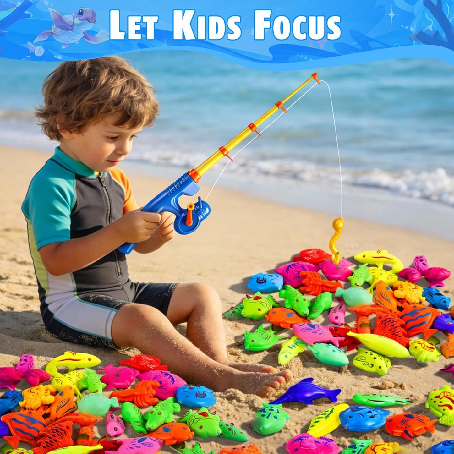 Magnetic Fishing Toys Game Set for Kids for Bath Time Pool Party with Pole Rod Net, Plastic Floating Fish - Toddler Education Teaching Christmas Birthday Gifts
