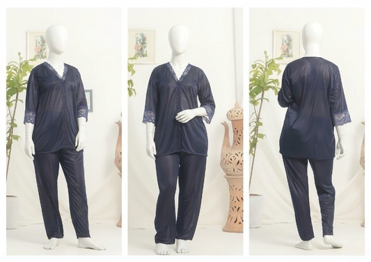 Women’s Luxury Silk Satin Pajama Set with Elegant Lace Trim SKU R-010 Free Size