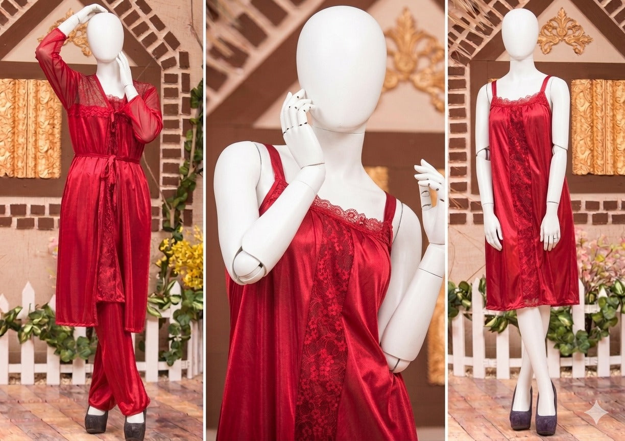 3 Pcs Premium Silk Satin Nightwear Set with Lace Trim for Women – Camisole, Shorts & Robe | Free Size