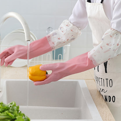 Long Reusable Dishwashing Gloves with Warm Fleece Lining – Extra Long Waterproof Rubber Cleaning Gloves, Anti-Slip, Heat Resistant for Kitchen, Laundry, and Household Use (Random Color)