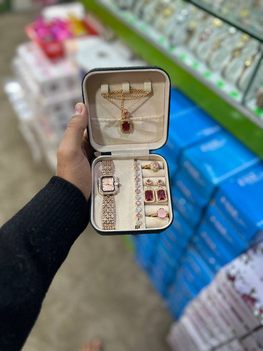 Elegant 6-Piece Rose Gold & Ruby Red Jewelry Gift Set