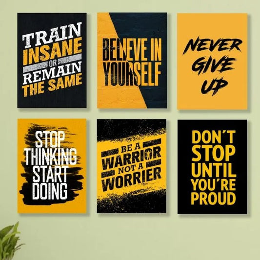 Motivational Warrior Quote Wooden Wall Art Frame Set | 6-Piece Inspirational Success Sticky Tiles | Bold Yellow and Black Typography Decor | 8x11 Inch