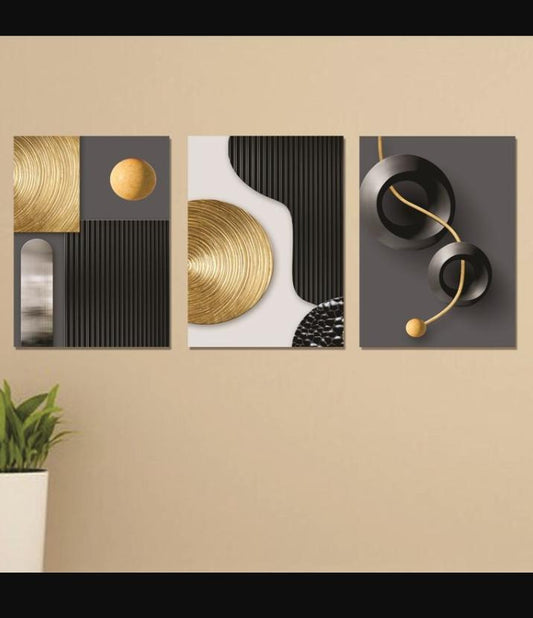 3 Pcs Abstract Golden Black Wall Art Set – 8x11 Inch Wooden Sticky Frames | Modern Decorative Wall Panels