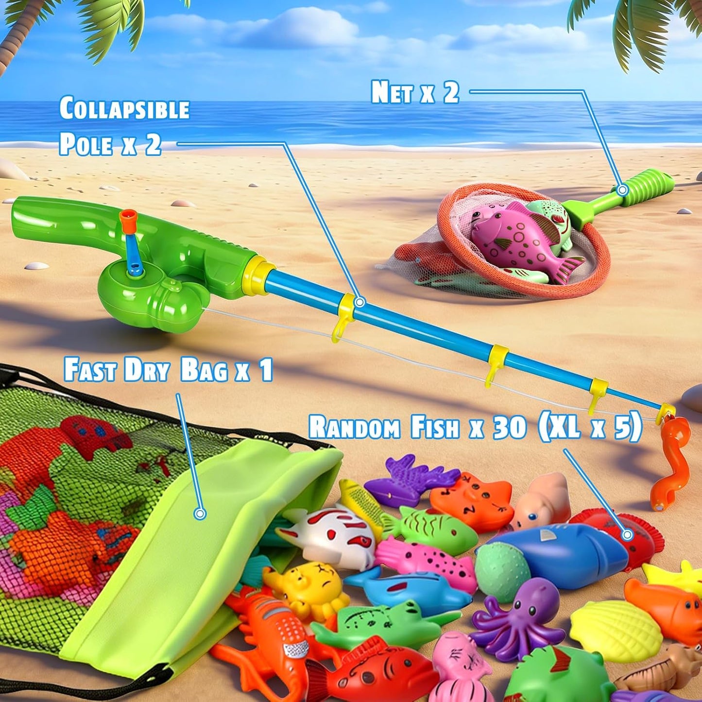 Magnetic Fishing Toys Game Set for Kids for Bath Time Pool Party with Pole Rod Net, Plastic Floating Fish - Toddler Education Teaching Christmas Birthday Gifts