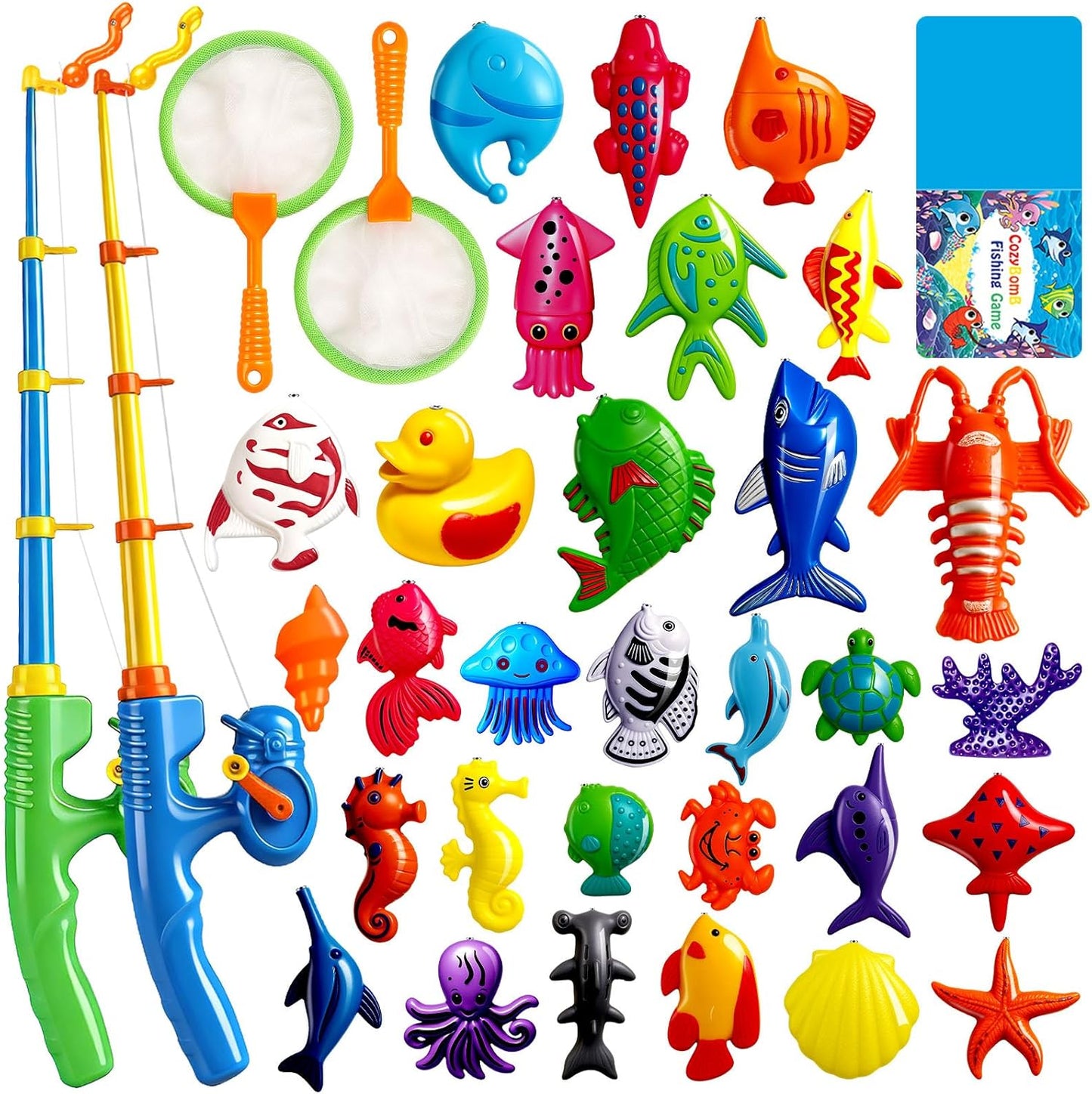 Magnetic Fishing Toys Game Set for Kids for Bath Time Pool Party with Pole Rod Net, Plastic Floating Fish - Toddler Education Teaching Christmas Birthday Gifts