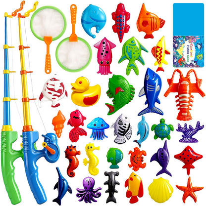 Magnetic Fishing Toys Game Set for Kids for Bath Time Pool Party with Pole Rod Net, Plastic Floating Fish - Toddler Education Teaching Christmas Birthday Gifts
