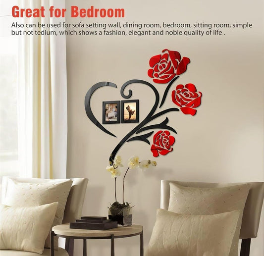 Heart Shape Red FlowerWooden Wall Art With Photo Frames