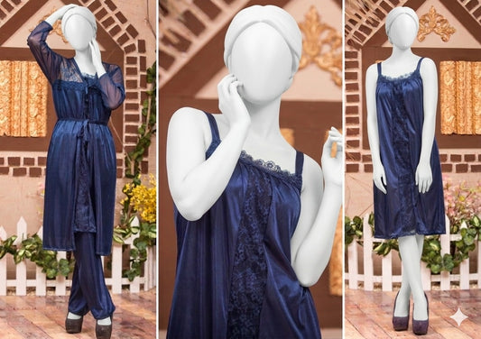 3 Pcs Premium Silk Satin Nightwear Set with Lace Trim for Women – Camisole, Shorts & Robe | Free Size