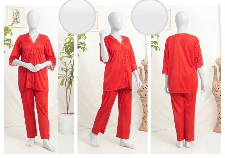 Women’s Luxury Silk Satin Pajama Set with Elegant Lace Trim SKU  R-010  Free Size