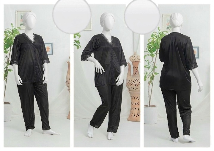 Women’s Luxury Silk Satin Pajama Set with Elegant Lace Trim SKU  R-010  Free Size
