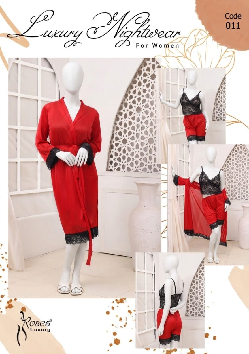 Women's Luxury Silk Nightwear Set with Black Lace – 3 Piece Robe & Slip Dress SKU R-011 Free Size