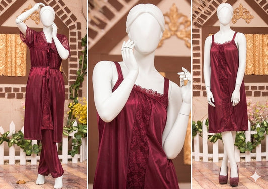3 Pcs Premium Silk Satin Nightwear Set with Lace Trim for Women – Camisole, Shorts & Robe | Free Size