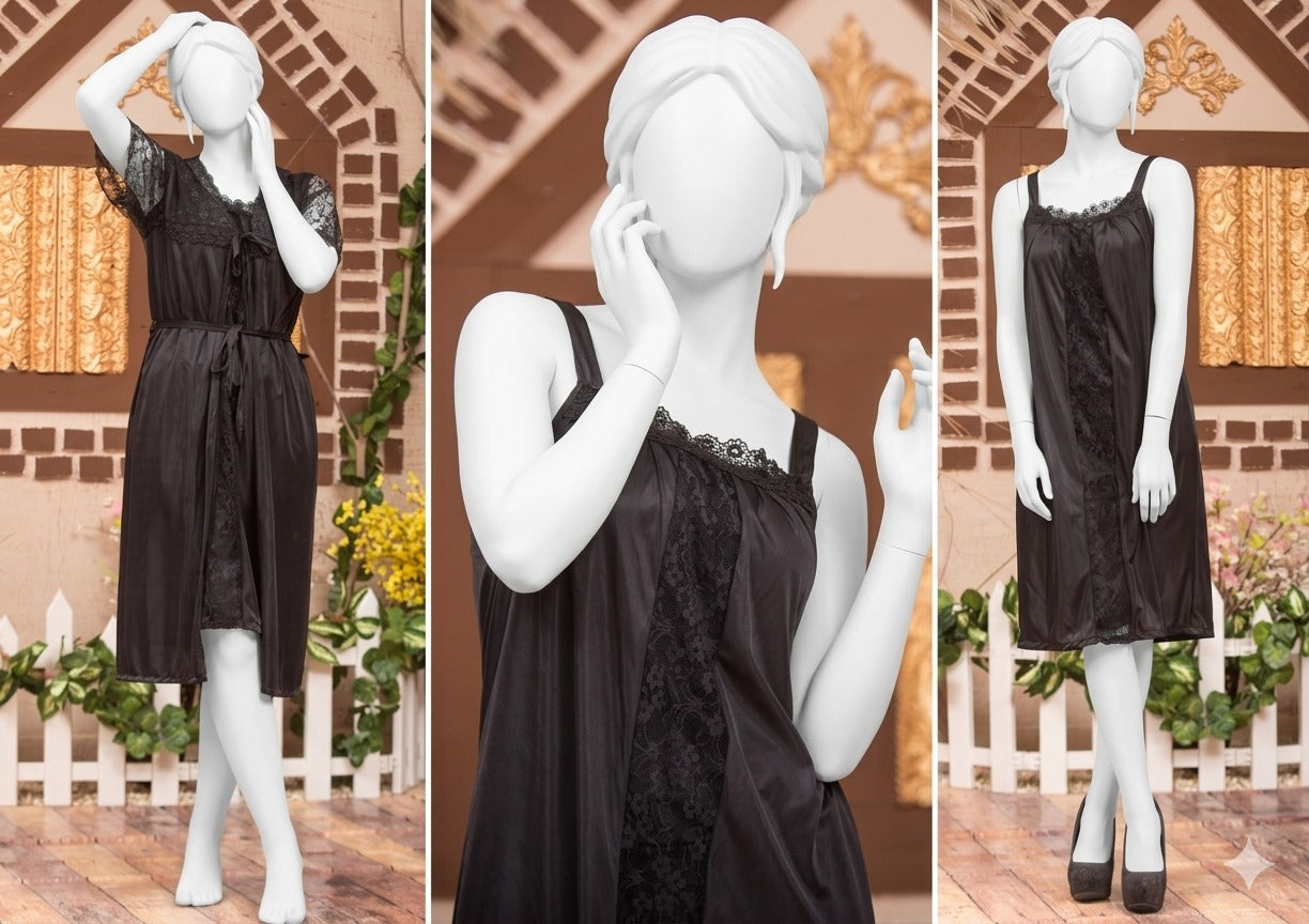3 Pcs Premium Silk Satin Nightwear Set with Lace Trim for Women – Camisole, Shorts & Robe | Free Size
