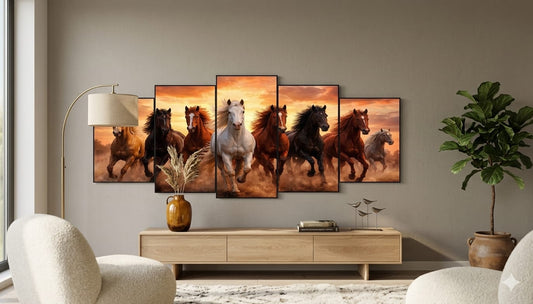 Running Horses Sunset 5-Piece Wall Art Set – 40x16 Inch Wooden Sticky Tiles Ready Size
