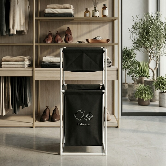 Fabric Laundry Hamper With Dual Compartments And White Metal Frame For Organized Clothing And Underwear Storage